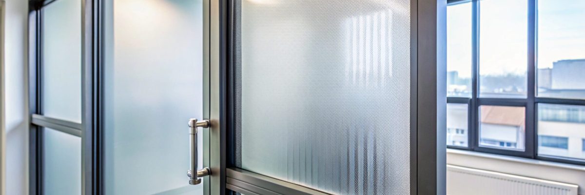 Aluminium sliding window of office. office sliding glass window. Decorative Glass Film on door of office. Closeup Frosted Glass Thick Film for reduced visibility across